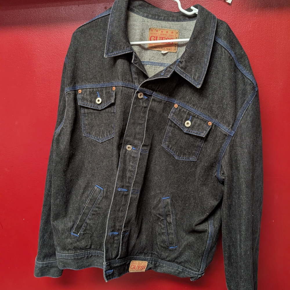 Guess Black Denim Jacket with Blue Stitching